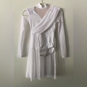 Weissman Monochromatic White Leotard Mesh Sash Dance Costume